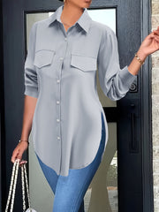 Solid Button Front Simple Shirt, Versatile Shirt For Spring & Fall, Women's Clothing