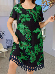 Plus Size Plant Print Cutout Trim Dress, Elegant Short Sleeve Dress For Spring & Summer, Women's Plus Size Clothing