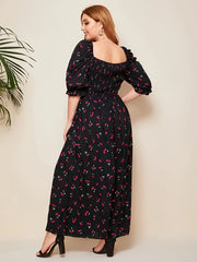 Plus Size Cherry Pattern Puff Sleeve Dress, Elegant Tie Front Square Neck Dress For Spring & Summer, Women's Plus Size Clothing