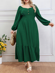 Plus Size Solid Button Front Dress, Casual Crew Neck Long Sleeve Ruffle Hem Dress, Women's Plus Size Clothing