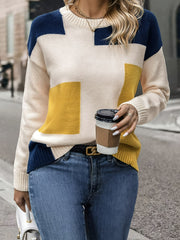 Cozy Color Block Pullover Sweater - Stylish Crew Neck, Long Sleeve Knit for Trendy Women - Perfect for Fall & Spring Wardrobe