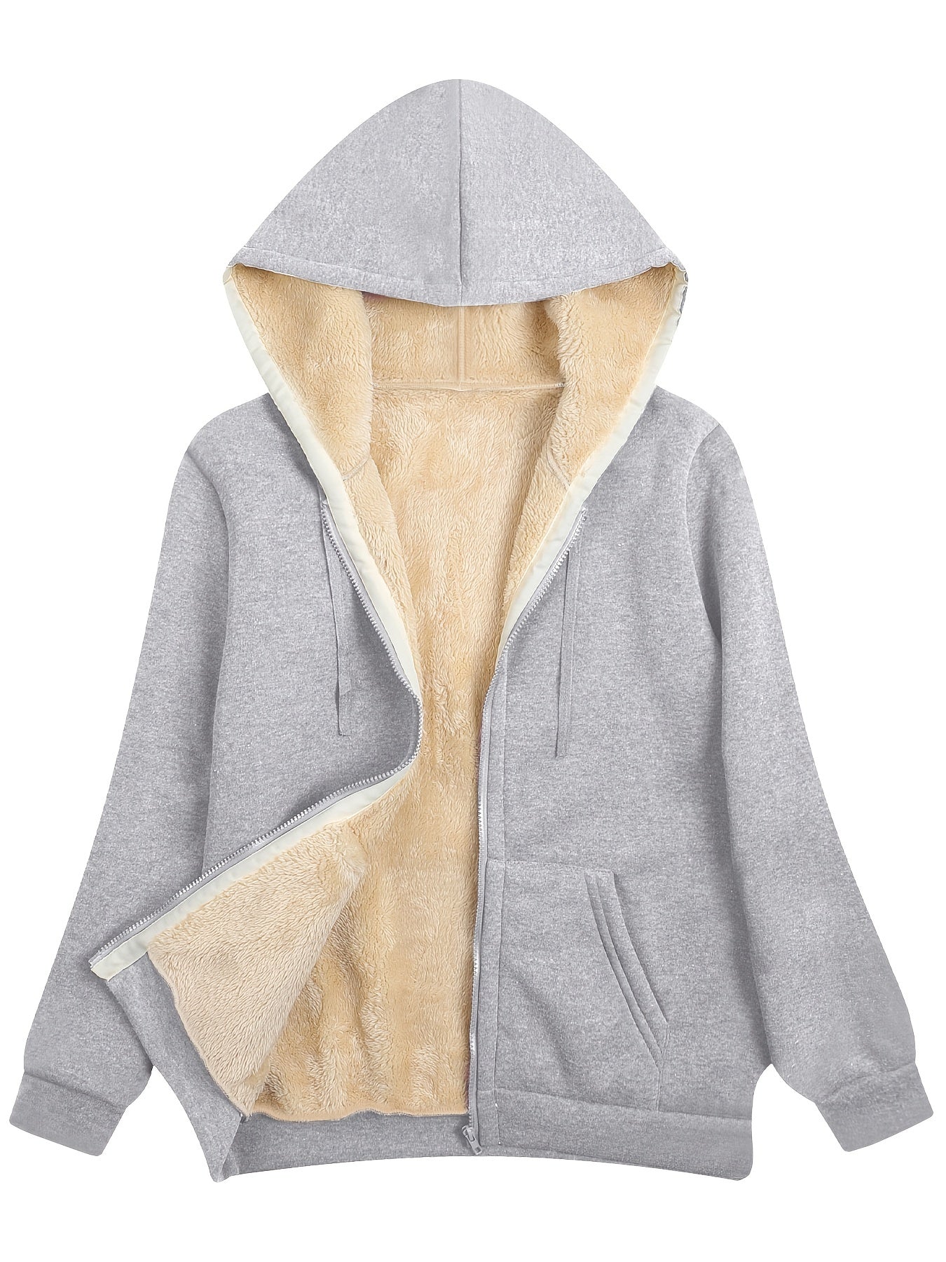 Fuzzy Hooded Jacket, Casual Zip Up Drawstring Long Sleeve Solid Outerwear, Women's Clothing