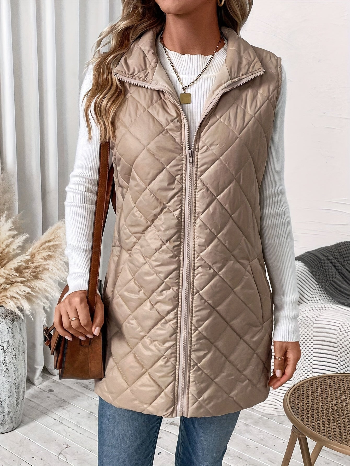 Zipper Front Cotton Padding Vest, Versatile Sleeveless Dual Pocket Outwear Coat For Winter & Fall, Women's Clothing