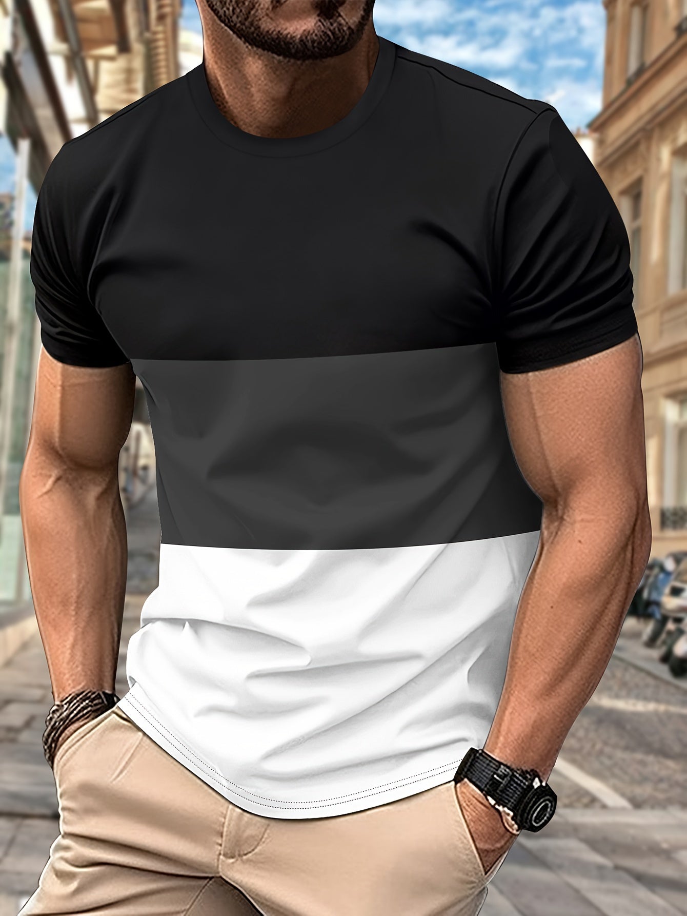 Mens Color Block Pattern Crew Neck T-shirt - Stylish Short Sleeve for Easy Movement, Ultra-Casual Design for Relaxed Fit, Breathable Fabric for Maximum Comfort, Perfect for Summer Outdoor Activities and Ideal for Outdoor Wear