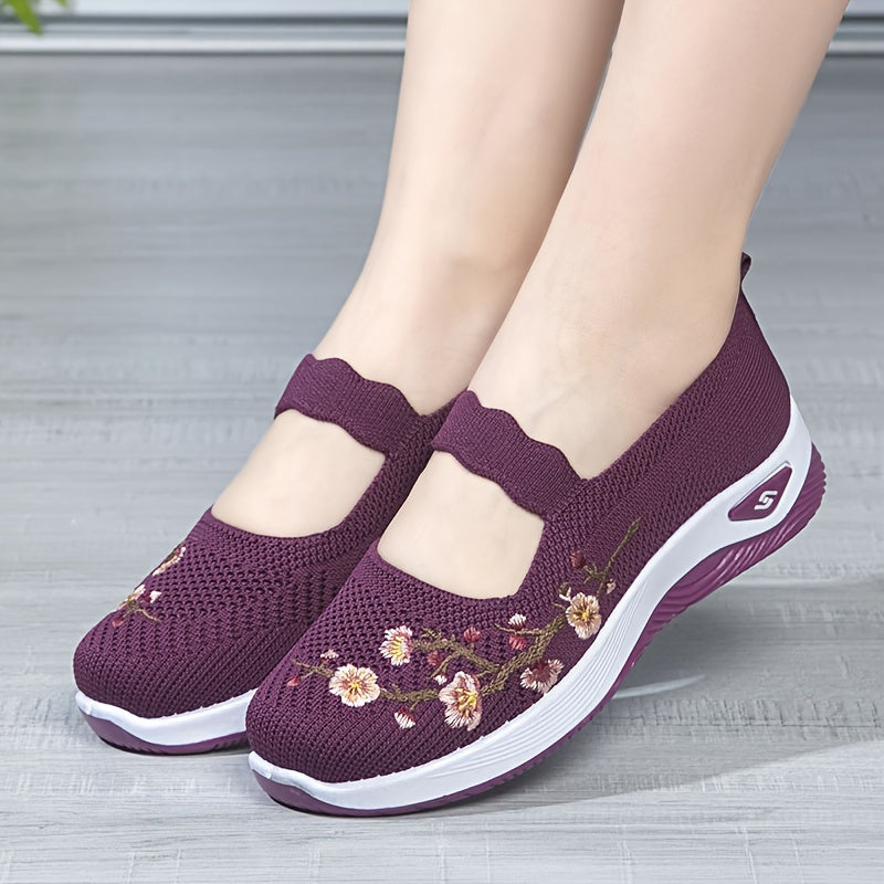 Womens Artisan-Embroidered Floral Sneakers - Lightweight, Soft Sole Platform Slip-Ons for Comfortable Daily Wear - Fashionable, breathable walking shoes for a stylish, versatile look