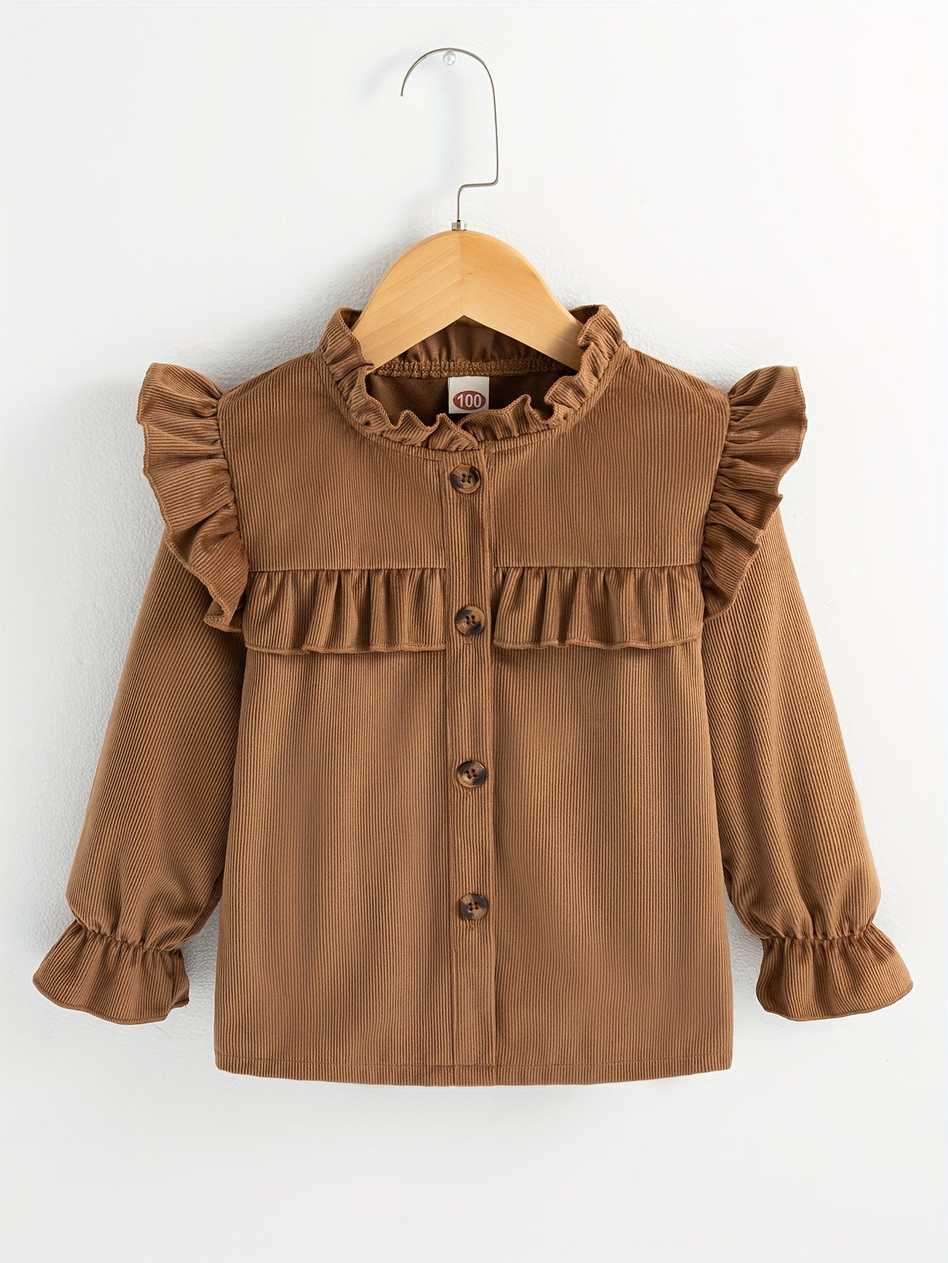 Girls Casual & Trendy Long Sleeve Ruffle Trim Button Up Ribbed Blouse Top For Spring & Fall