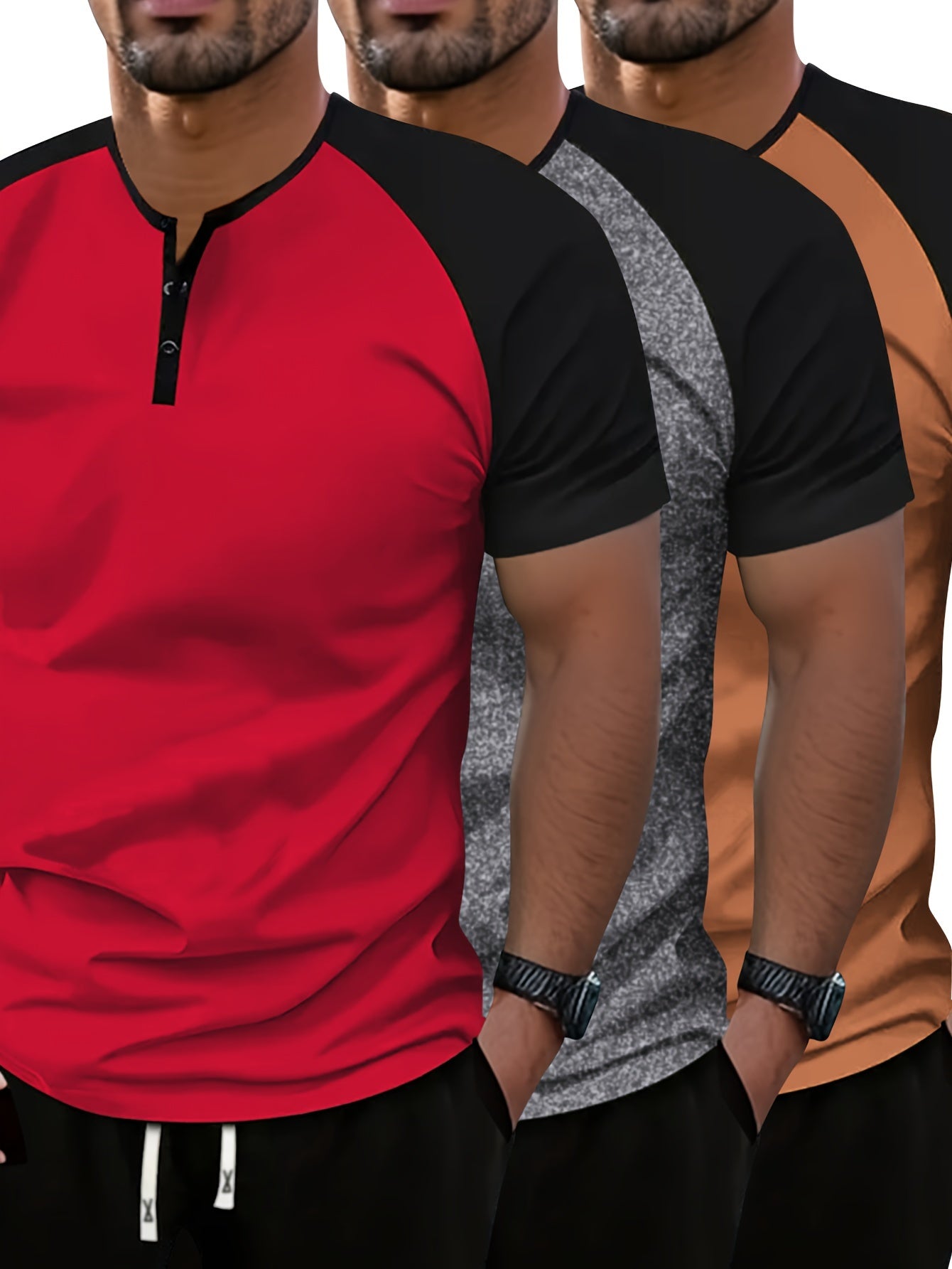 3-Piece Mens Color Block Henley T-Shirt Set - Short Sleeve, Moisture-Wicking, Ideal for Summer Running & Training - Stylish Round Neck Design for Outdoor Adventures