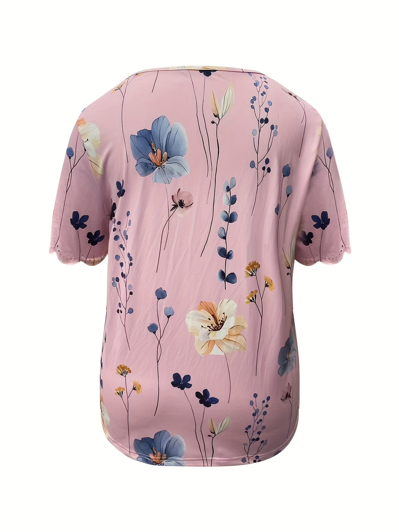 Plus Size Floral Print T-Shirt, Casual Short Sleeve V Neck T-Shirt, Women's Plus Size Clothing