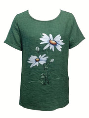 Floral Print Crew Neck T-shirt, Casual Short Sleeve Cotton Top For Spring & Summer, Women's Clothing