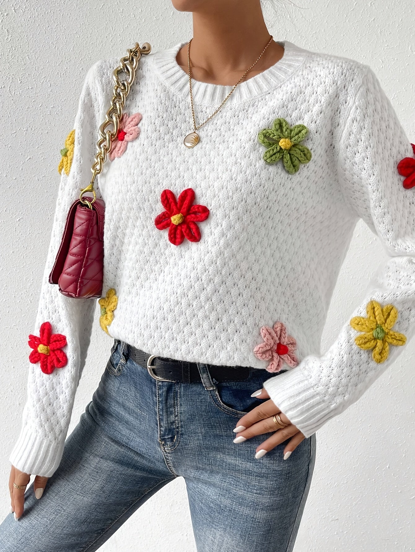 Floral Design Crew Neck Knitted Sweater, Casual Long Sleeve Drop Shoulder Pullover Sweater For Fall & Winter, Women's Clothing