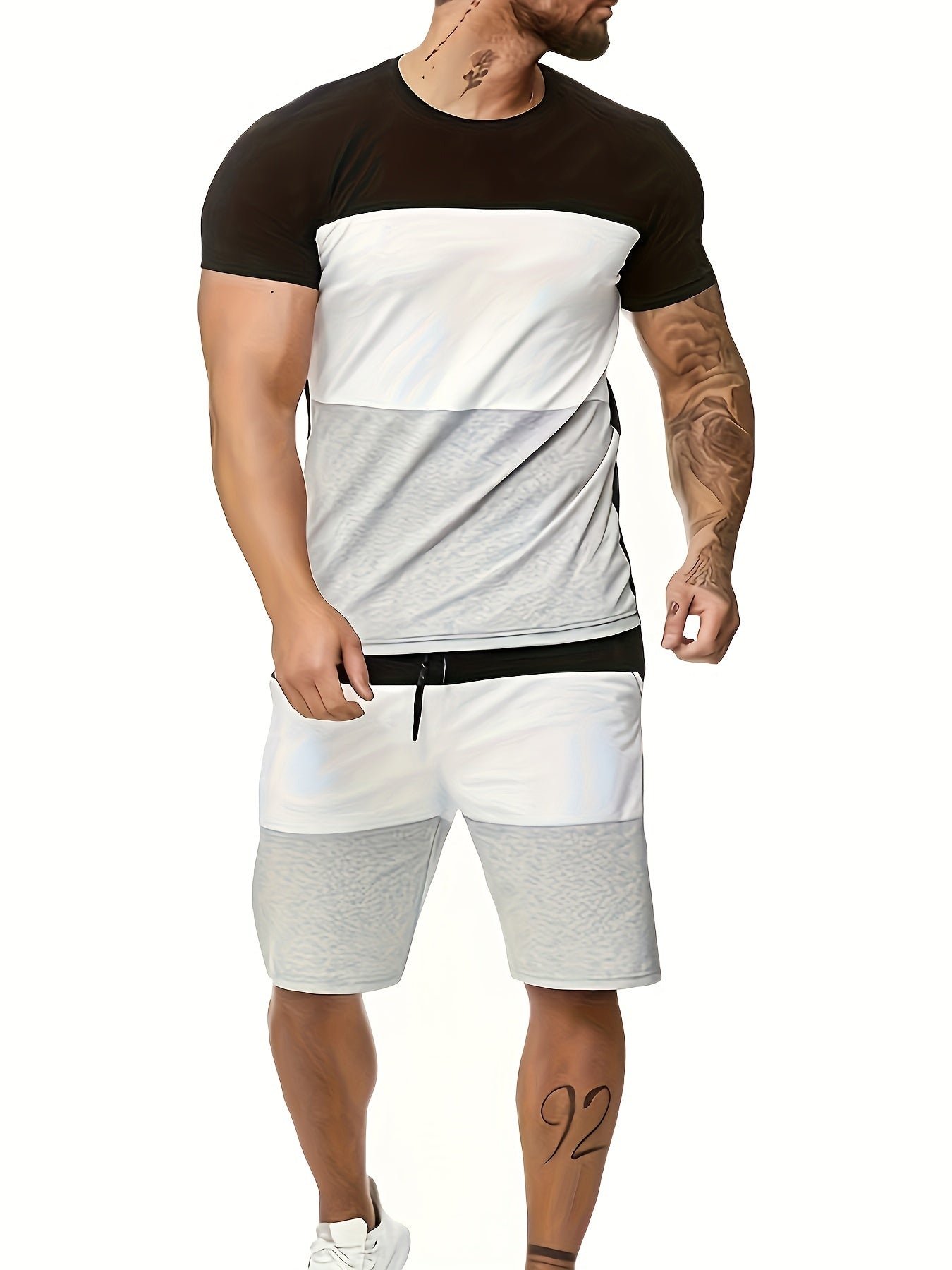 Men's Summer Trendy Casual 2Pcs Set, Colorblock T-shirt & Shorts Set