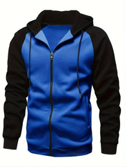 Men's Casual Hooded Jacket - Full Zip, Solid Color, Long Sleeve Polyester Coat for Autumn & Winter Warmth