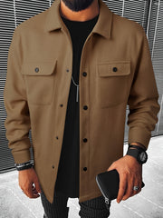 Mens Chic Flap Pocket Jacket - Stylish Button Up Design - Warm Autumn-Winter Coat for Mature Style