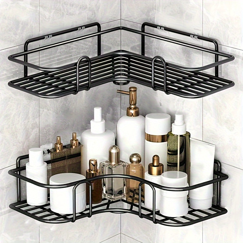 Iron Corner Bathroom Shelf, No-Drill Wall-Mounted Triangle Storage Organizer for Bathroom, Kitchen, Bedroom - Hanging Jewelry Organizer with Hollow Details