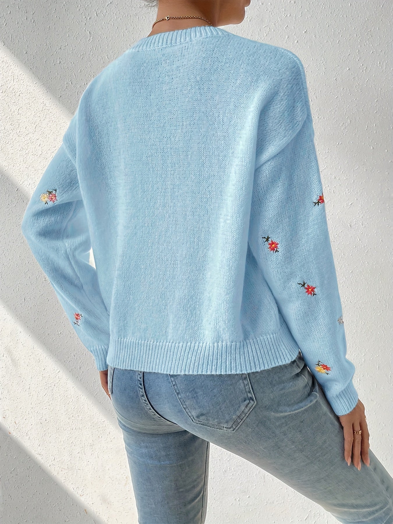 Flower Embroidery Long Sleeve Sweater, Casual Drop Shoulder Crew Neck Pullover Sweater For Fall & Winter, Women's Clothing