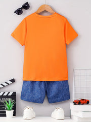 2pcs Boys Casual Monster Truck Print Versatile Short Sleeve T-shirt & Imitation Denim Shorts Set, Cool, Lightweight And Comfy Summer Clothes