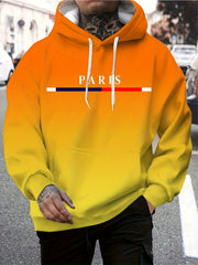 Men's Gradient Color Paris Graphic Print Hoodie With Kangaroo Pocket, Casual Long Sleeve Hooded Sweatshirt For Outdoor