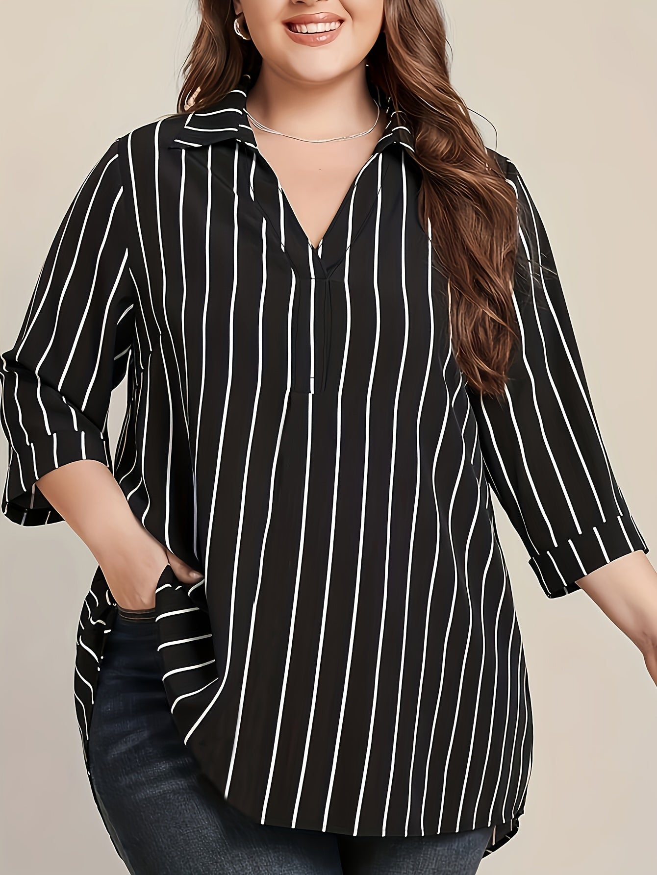 Chic Plus Size V-Neck Tunic Top - Casual Stripe, Easy Care Knit Fabric, Asymmetrical High-Low Hem, Perfect for Spring/Fall