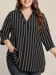 Chic Plus Size V-Neck Tunic Top - Casual Stripe, Easy Care Knit Fabric, Asymmetrical High-Low Hem, Perfect for Spring/Fall