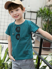 100% Cotton 2pcs, Glasses Graphic Short Sleeve Crew Neck T-shirt + Solid Color Shorts Set For Boys, Breathable Set Casual Summer Gift