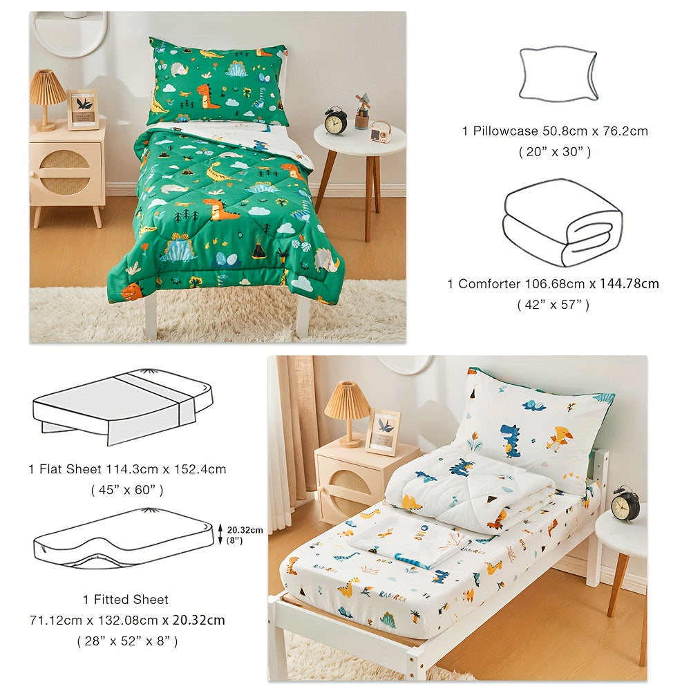 4pcs Dinosaur Bedding Set, Including 1 Comforter, 1 Fitted Sheet, 1 Flat Sheet And 1 Reversible Pillowcase, For Room Decor