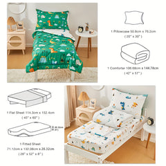 4pcs Dinosaur Bedding Set, Including 1 Comforter, 1 Fitted Sheet, 1 Flat Sheet And 1 Reversible Pillowcase, For Room Decor