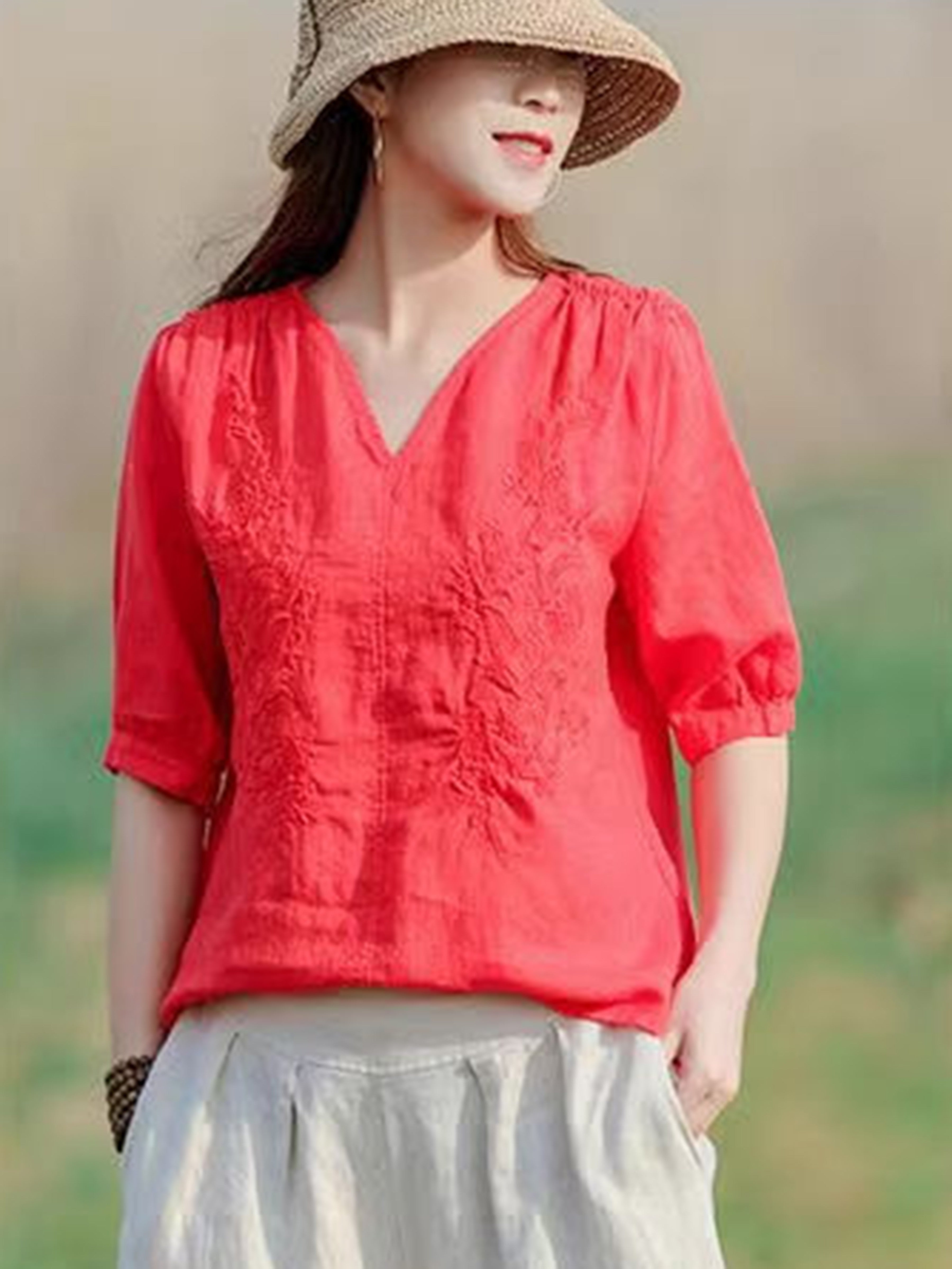 Embroidered Solid Blouse, Elegant V Neck Half Sleeve Blouse, Women's Clothing