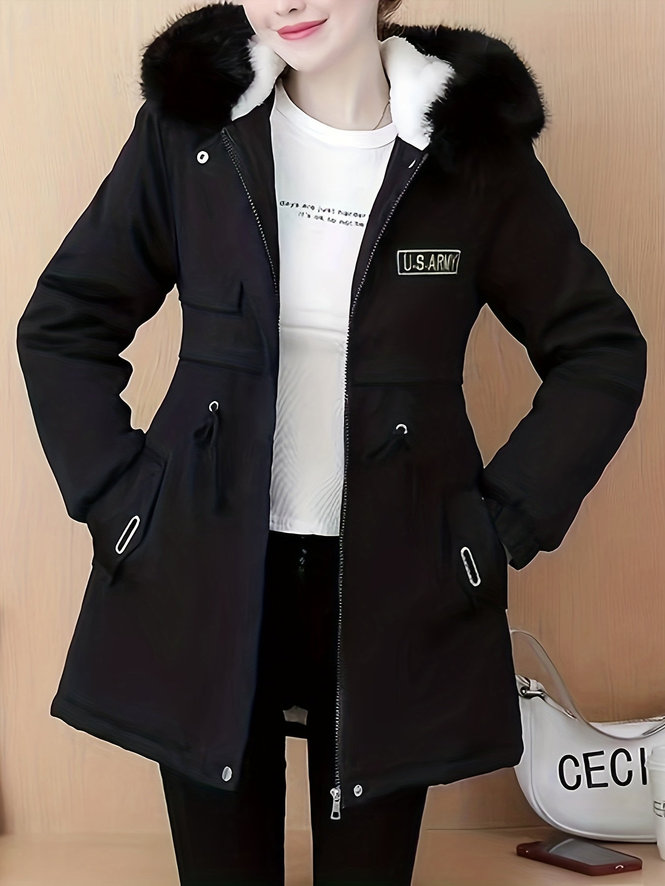 Fluffy Trim Zip Up Coat, Casual Solid Long Sleeve Winter Outerwear, Women's Clothing