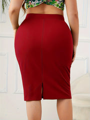 Plus Size Solid Color Bodycon Skirt, Elegant High Waist Knee Length Skirt For Spring & Summer, Women's Plus Size Clothing