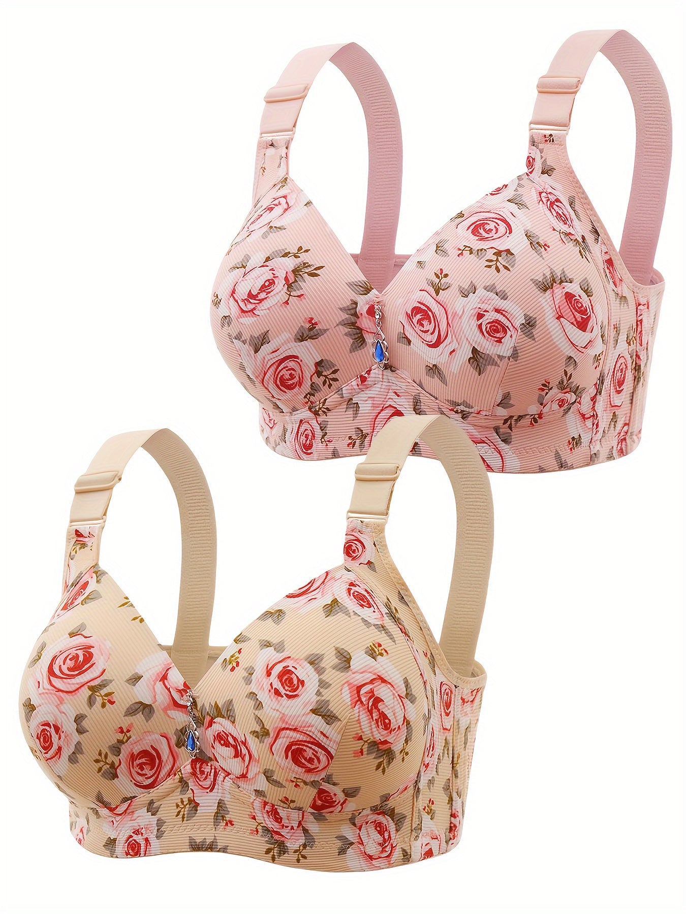 2pcs Plus Size Floral Print Wireless Bra, Elegant & Comfy Anti Sagging Push Up Breathable Bras, Women's Lingerie & Underwear