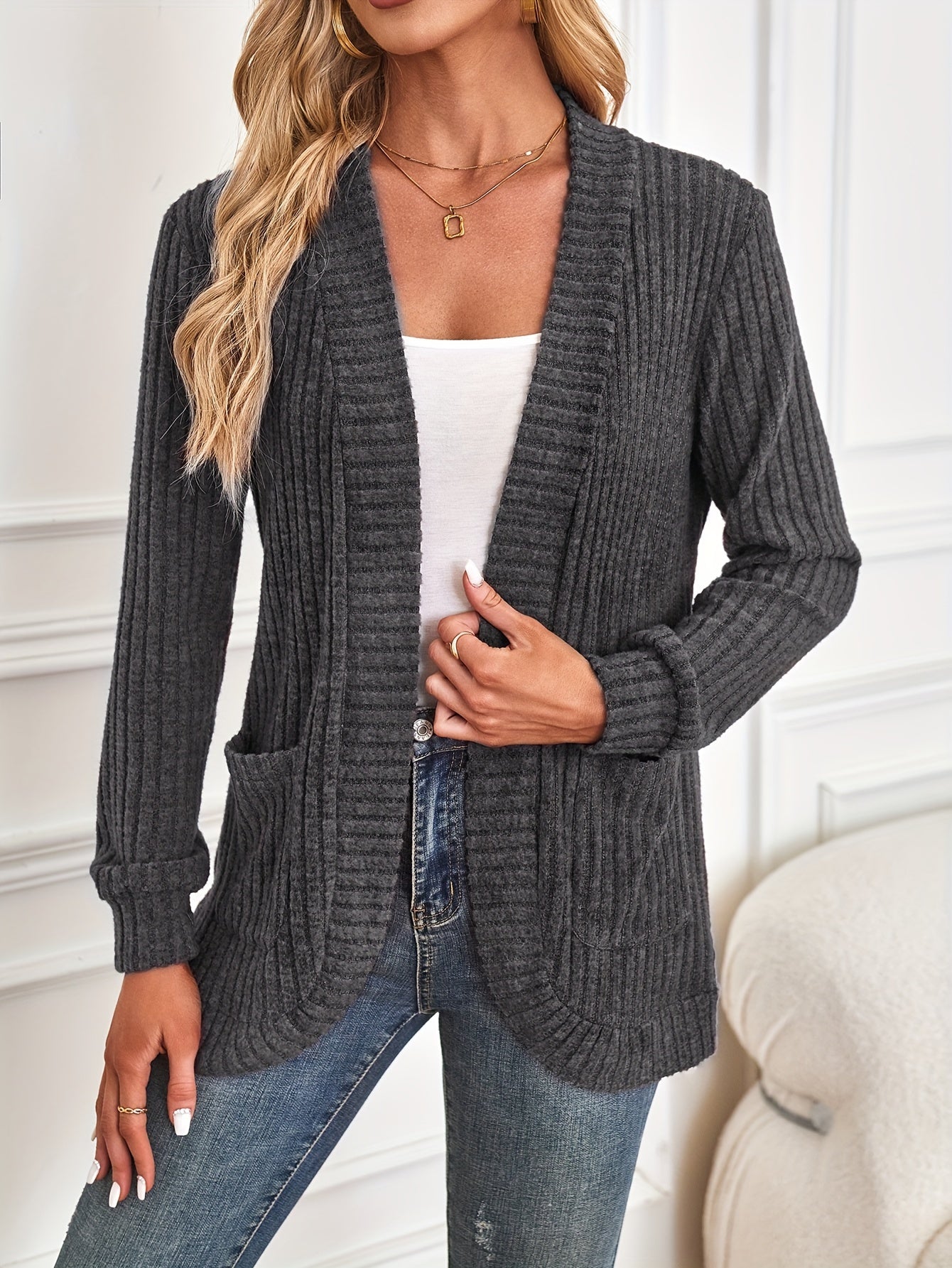 Trendy Solid Open Front Cardigan - Long Sleeve Drop Shoulder Outwear - Stylish & Comfortable for Spring to Fall - Perfect Womens Wardrobe Staple