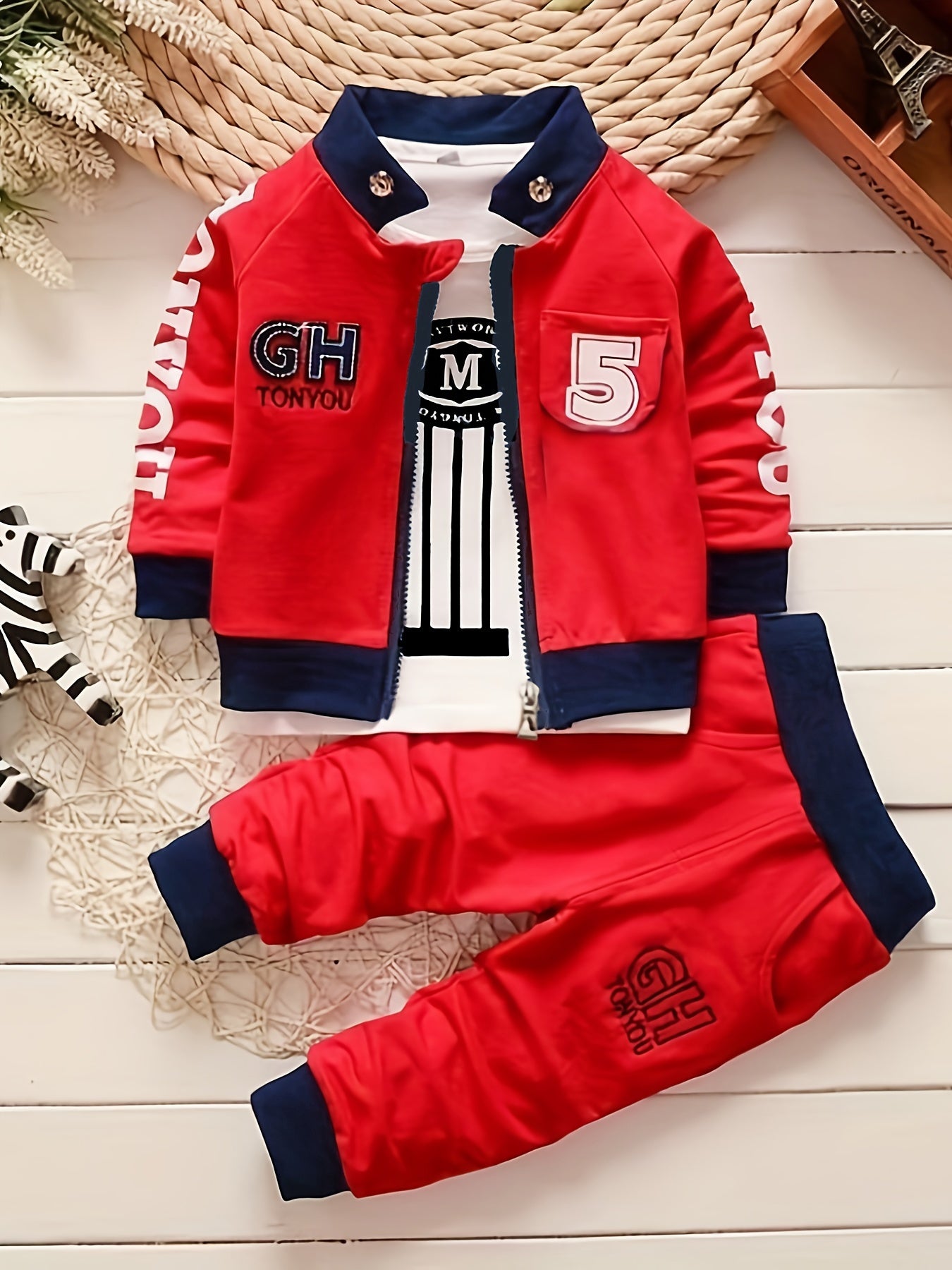 3pcs Children's Cotton Long-sleeved Suit, Baby Boy Trendy Casual Zipper Coat & Round Neck T-shirt & Trousers Set, Party Clothes