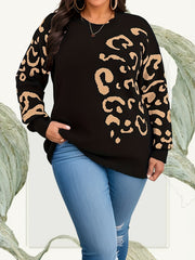 Plus Size Leopard Pattern Sweater, Casual Drop Shoulder Crew Neck Knitted Top, Women's Plus Size Clothing