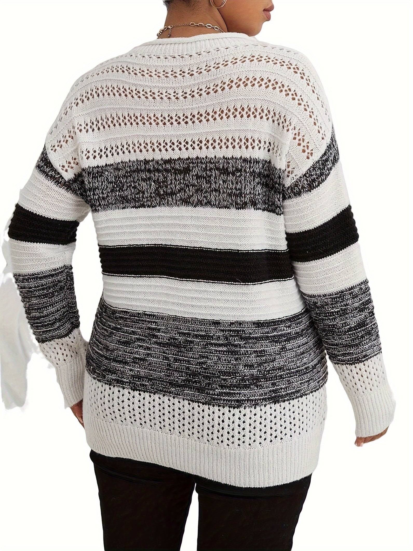 Plus Size Stripe Pattern Cutout Knit Sweater - Soft, Cozy, and Stylish with Vibrant Horizontal Stripes, Flattering Cutout Design, and Classic Crew Neck - Perfect for Plus Size Women, Fall and Winter Wear