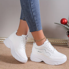 Womens Fashionable Solid Color Lace-Up Sneakers - Pillow-Soft Sole, Height-Boosting Sporty Trainers - Ultra-Trendy Low-top Shoes