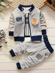 3pcs Children's Cotton Long-sleeved Suit, Baby Boy Trendy Casual Zipper Coat & Round Neck T-shirt & Trousers Set, Party Clothes