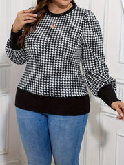 Plus Size Houndstooth T-Shirt, Casual Crew Neck Long Sleeve T-Shirt, Women's Plus Size Clothing