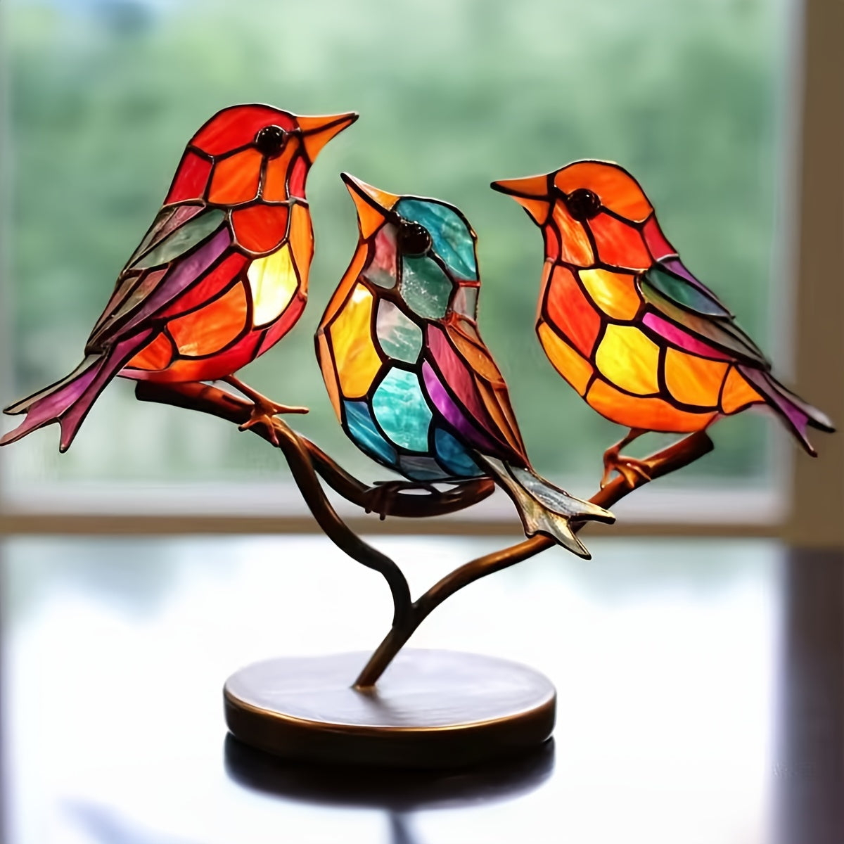 Stained Glass Style Bird Tree Branch Desktop Decor, Lifelike Metal Bird Tree Branch Decoration, Double-Sided Colorful Hummingbird Craft Sculpture, Essential Bedroom Ornament, Suitable As A Gift For Bird Enthusiasts.