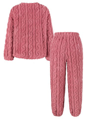 Casual Solid Fleece Jacquard Set, Thickened Long Sleeve Crew Neck Top & Pants, Women's Clothing