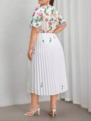 Plus Size Floral Print Pleated Tie Front Dress, Elegant Surplice Neck Short Sleeve Dress, Women's Plus Size Clothing