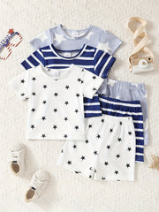 3 Sets Baby Boys Casual Outfit, Stars & Striped Short Sleeve T-shirt & Elastic Waist Shorts Set, Toddlers Summer Clothing