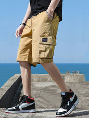 Men's Label Patchwork Solid Cargo Shorts With Flap Pockets, Versatile And Trendy For Summer Outdoors And Sports Wear