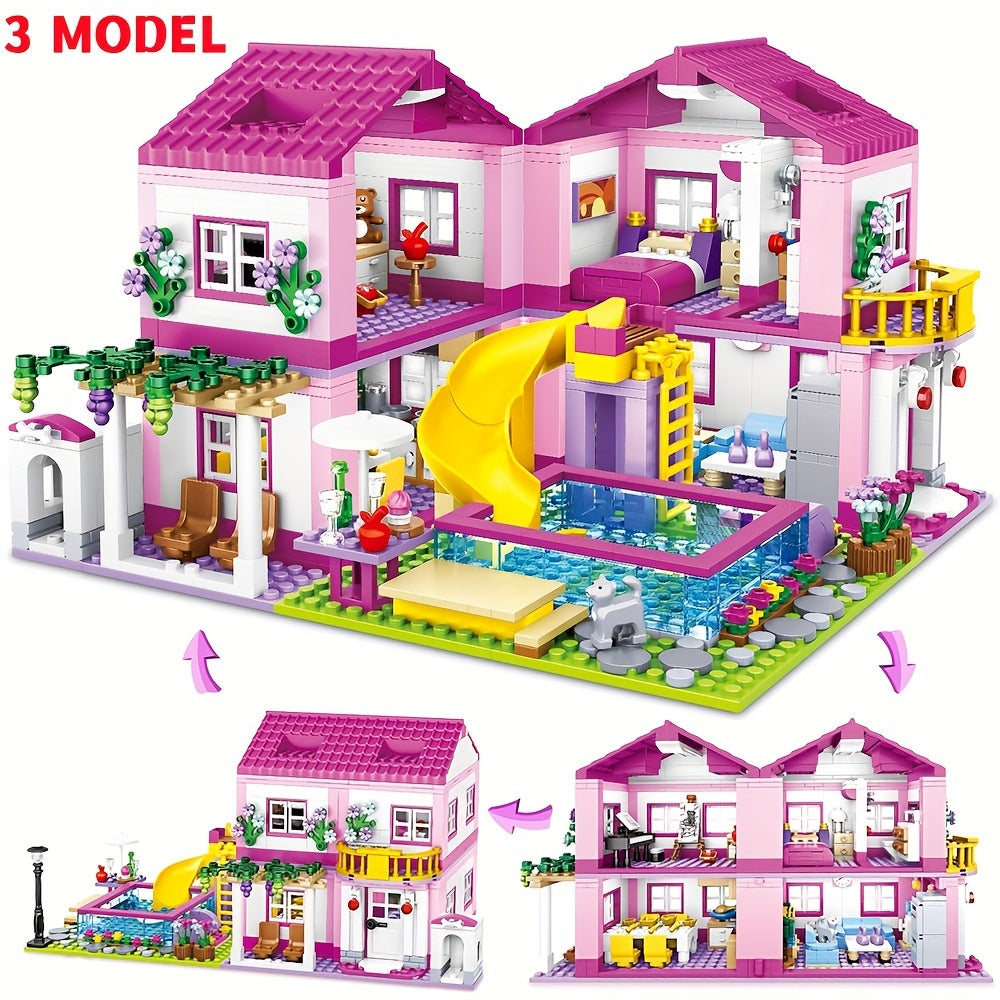 Summer Villa Castle Building Blocks Set For Girls - City Street View With Swimming Pool, Diy Pretend Play Toy - Perfect Christmas, Birthday Gift For Ages 14+