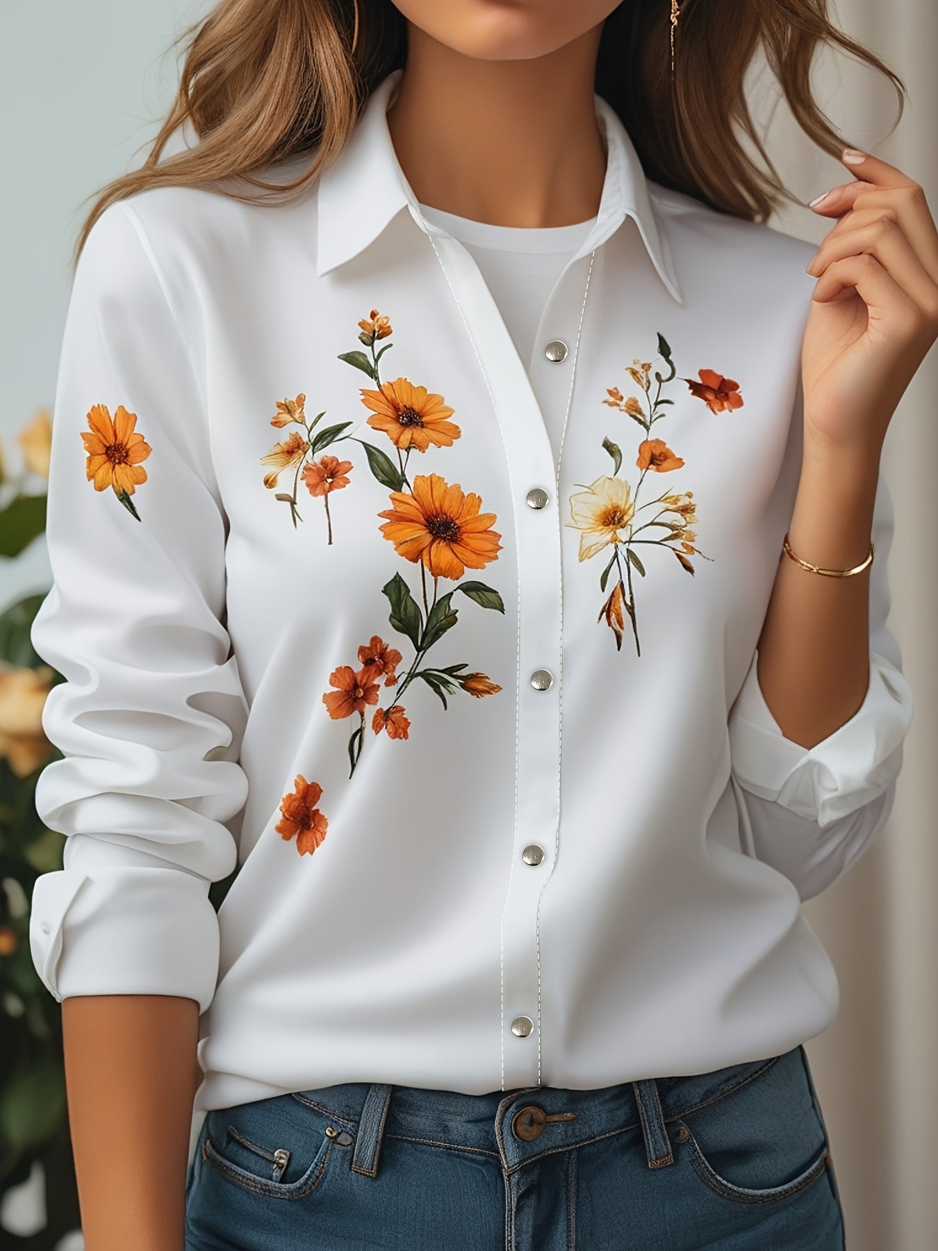 Floral Print Button Front Blouse, Vintage Long Sleeve Blouse For Spring & Fall, Women's Clothing