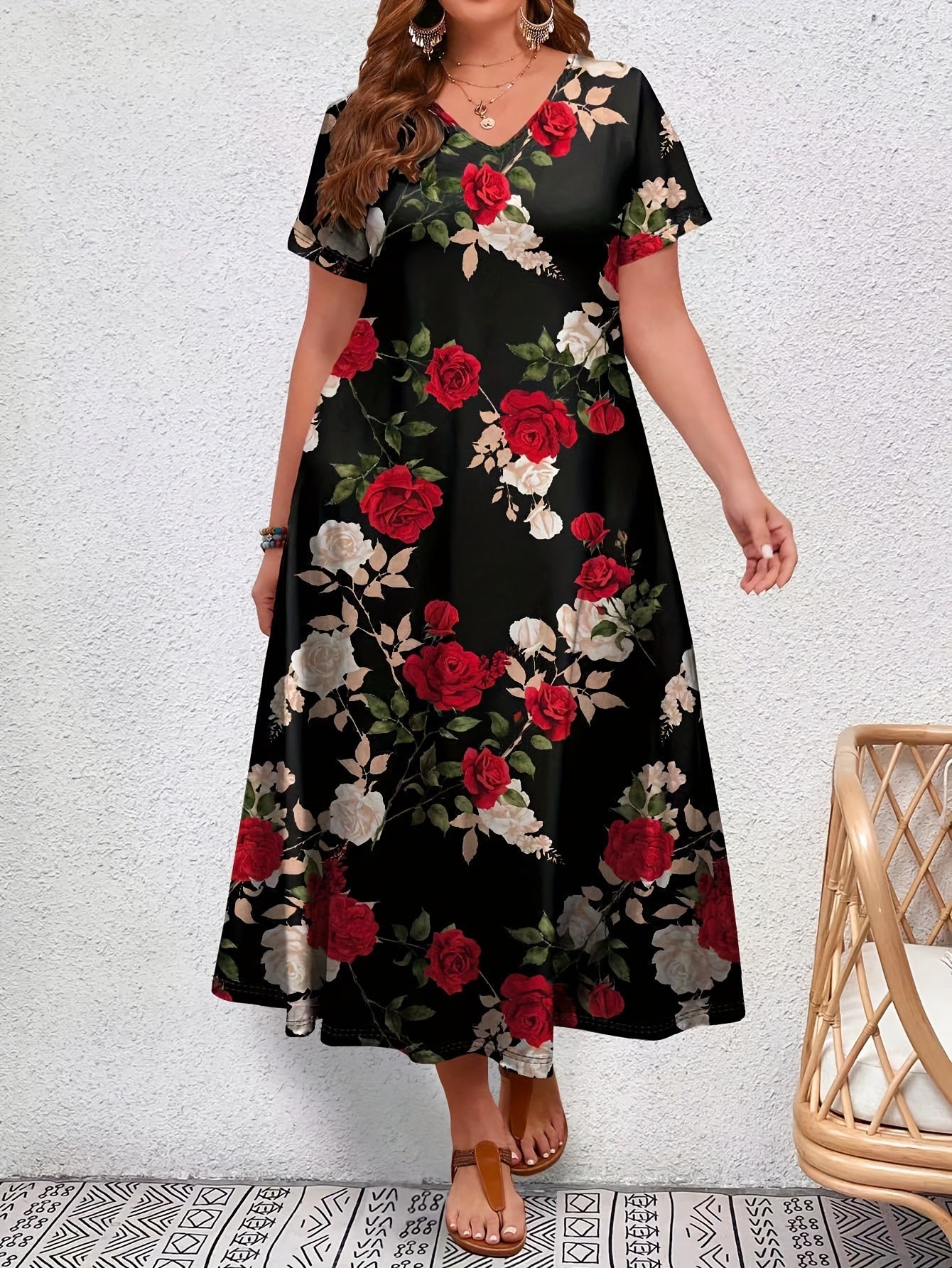 Plus Size Floral Print Dress, Vacation Style Short Sleeve V Neck Long Length Dress For Spring & Summer, Women's Plus Size Clothing