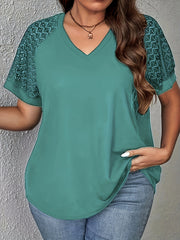 Plus Size Elegant V Neck Short Sleeve T-Shirt - Contrast Lace Stitching, Medium Stretch Polyester Fabric, Solid Color, No Printing - Perfect for Spring/Summer Casual Wear