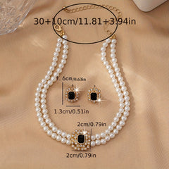 Luxury & Sexy Double Row Imitation Pearl Necklace And Earrings Set With Square Rhinestone Accents, Acrylic Fashion Jewelry For Women - Daily Wear, All-Season