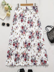 Plus Size Floral Print Pleated Skirt - Flattering High Waist, Adjustable Belt, Midi Length, Casual Style, Pleated Details - Womens Plus Size Clothing for Everyday Wear