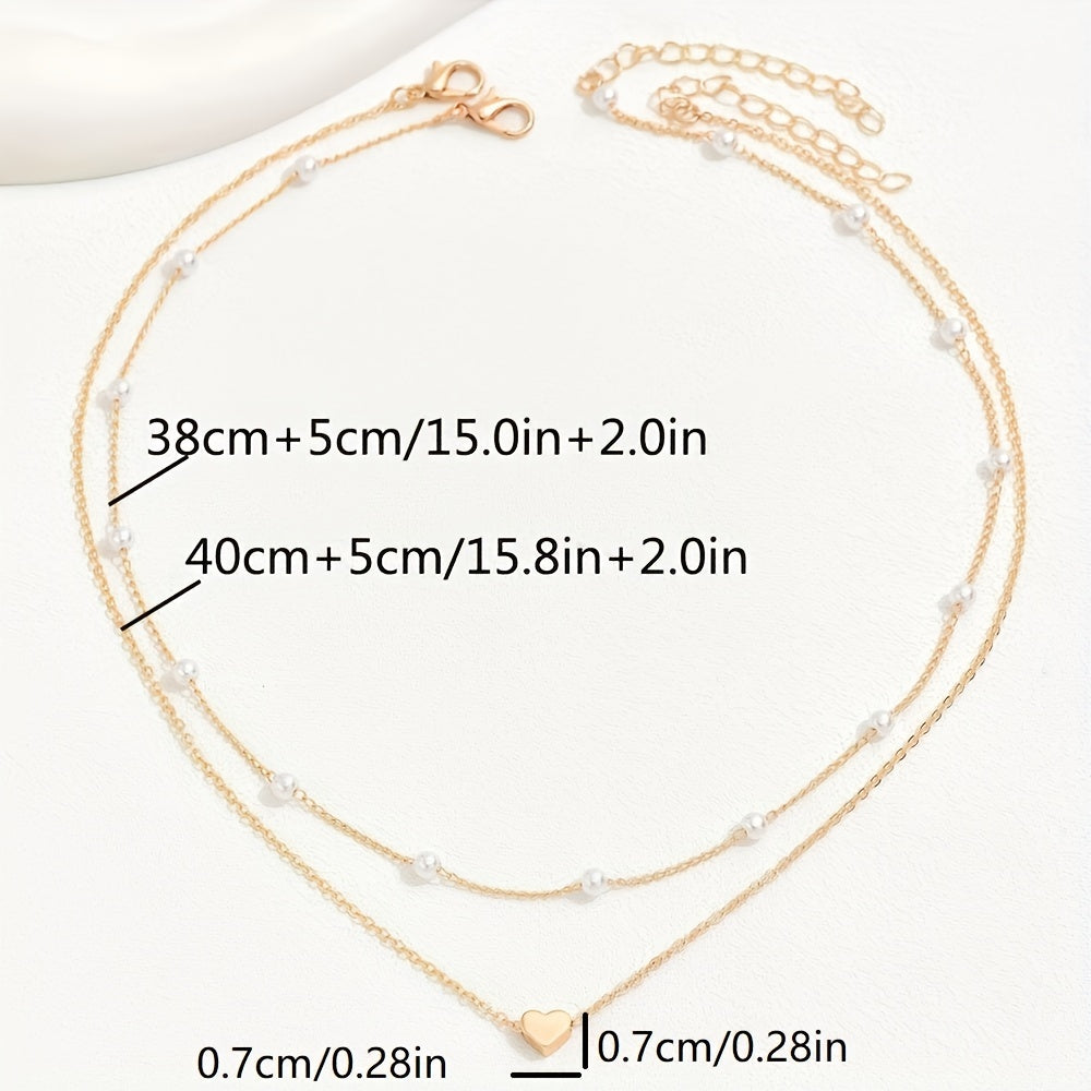 2pcs/Set Exquisite Faux Pearl Chain Necklace Women's Retro Design Stacking Love Faux Pearl Thin Chain Necklace Clavicle Chain