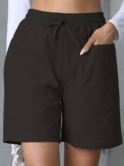 Women's Easy-Care Casual Polyester Shorts – Summer Comfort with Drawstring Waist, Pockets, and Solid Color Design